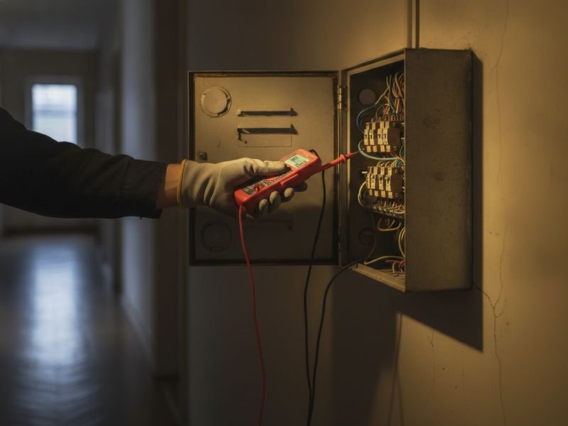 Dépannage électrique urgent à Bruxelles : électricien testant un tableau électrique à la lampe frontale