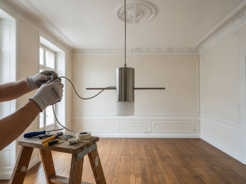 Pose de luminaire à Bruxelles : raccordement d'une suspension dans un salon à moulures