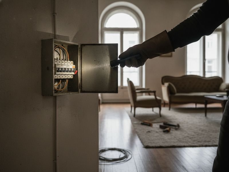 Panne de courant à Bruxelles : lampe torche sur un tableau électrique dont un disjoncteur a sauté